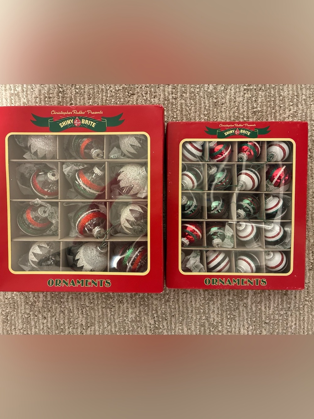 CHRISTOPHER RADKO SHINY BRITE 2 Boxes (32) Glass Ornaments Tinsel Snow Glitter